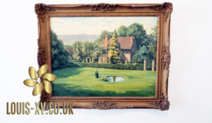 Large Victorian House Authentic Antique Oil Painting with a charming gilded antique frame