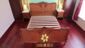 ANTIQUE LOUIS XV FRENCH KING BED CARVED OAK & A PAIR OF MARBLE TOP NIGHTSTAND